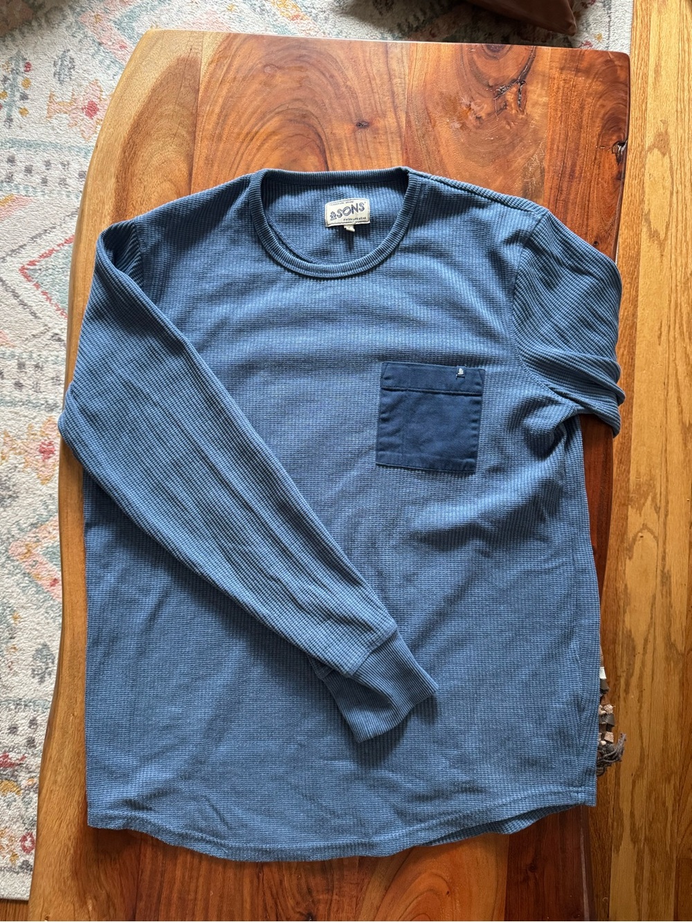 &SONS Glen Pocket Waffle Crew Shirt Blue Men’s XL 350GSM